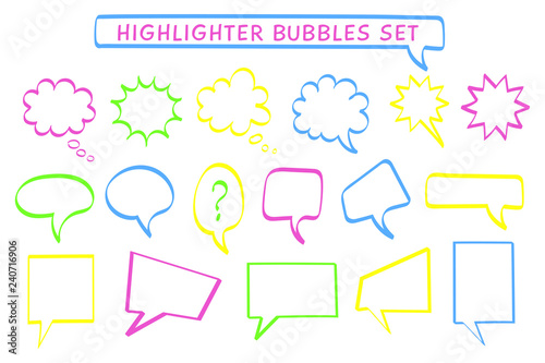 Speech cloud highlight pen set vector illustration. Sketchy rectangle and round highlight message bubbles in neon colors collection with felt pen style signs for dialog scribble or communication icon