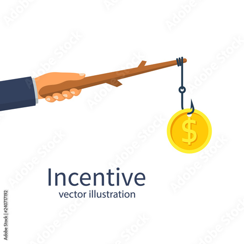 Incentive concept. Business metaphor. Personnel management leadership. Motivate people. Hand holds gold coin on stick, businessman running for bait. Vector illustration flat design. Attract earn. 