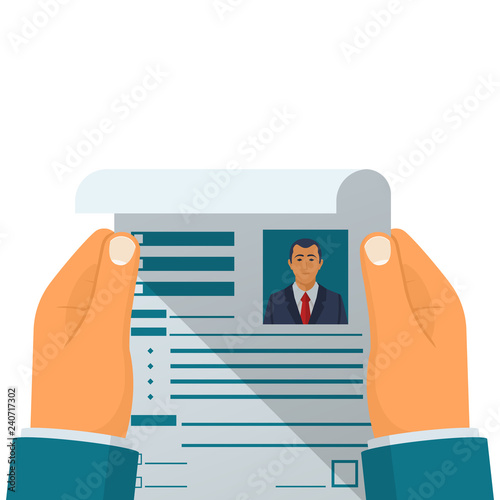 Resume in hand. CV application. Resume job. Concept of employment. Recruiter reviews resume. Looking for work. Vector illustration flat design. Isolated on background. Head hunter.