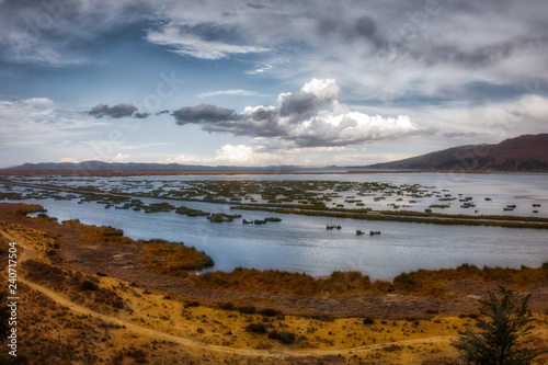 Titicaca lake with yellow shores