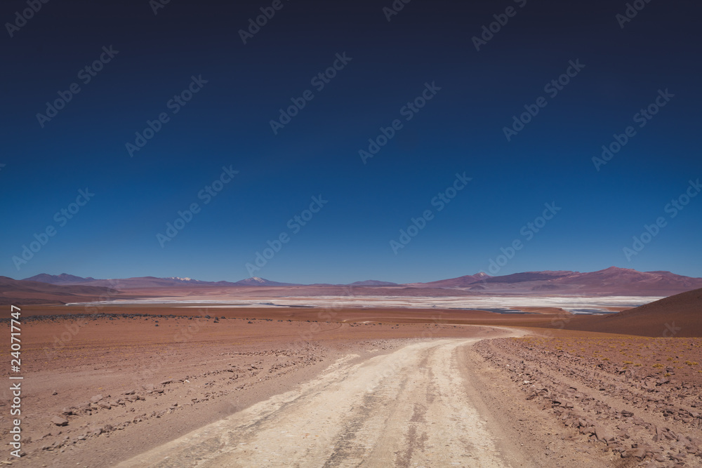 Dirt road through the salt flats Siloli, Bolivia