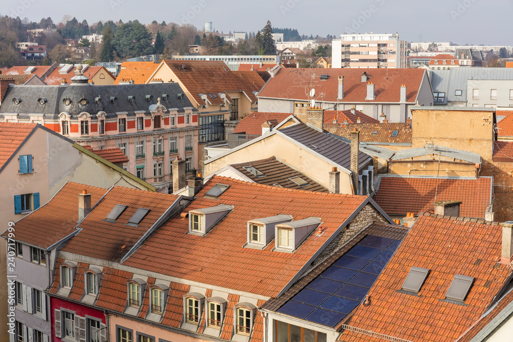 Roofs of the Montbeliard town in Doubs department in the Bourgogne Franche Comté region in eastern France