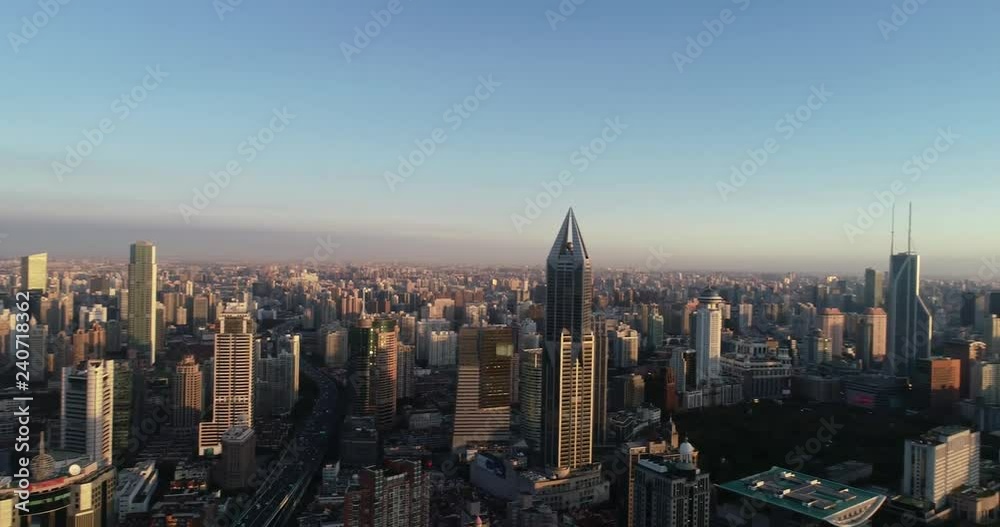 aerial view of shanghai city in West Nanjing Road, Jing`an district, in dawn aerial view of shanghai city in West Nanjing Road, Jing`an district, in dawn