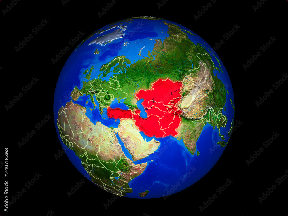 ECO member states on planet planet Earth with country borders. Extremely detailed planet surface.