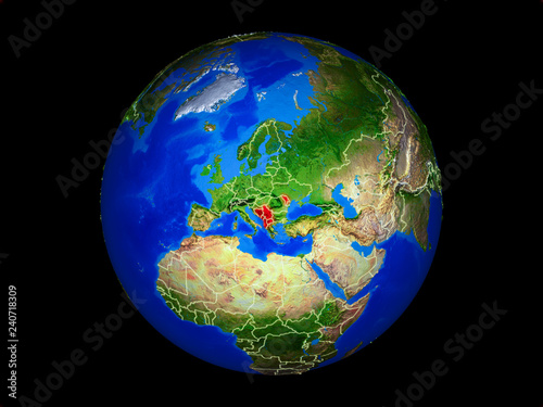 CEFTA countries on planet planet Earth with country borders. Extremely detailed planet surface.