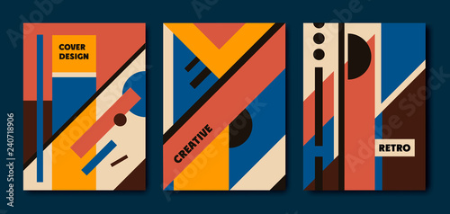 Vector set of retro bauhaus geometric covers. Use for placards, brochures, posters, banners. Blue, red, yellow,