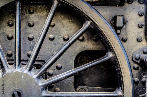 Closeup of the wheel of a Steam engine.