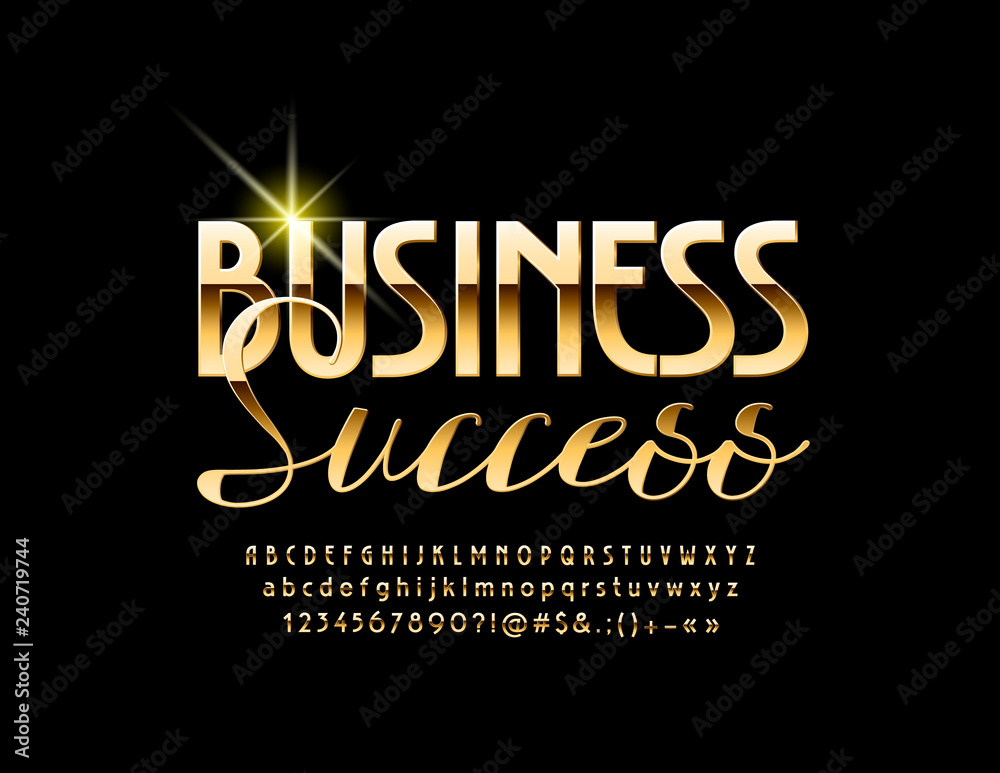 Vector golden Sign Business Success. Luxury glossy Font. Elegant Alphabet Letters, Numbers and Symbols. 