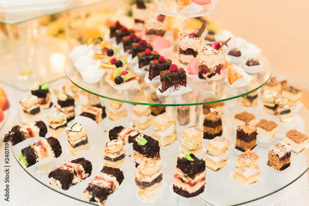 Different kinds of baked sweets on a buffet