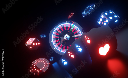 Casino Gambling Concept With Futuristic Neon Lights - 3D Illustration