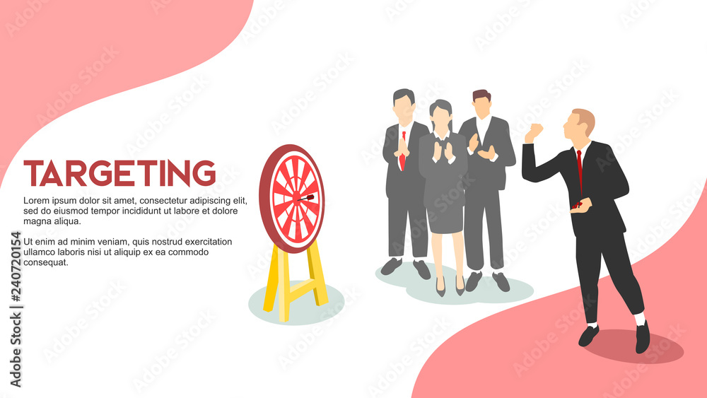 TARGETING businessman playing dart with colleague cheering and applausing simbolize business marketing goal accomplishment flat style vector illustration TARGETING businessman playing dart with colleague cheering and applausing simbolize business marketing goal accomplishment flat style vector illustration