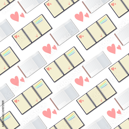 Open realistic notebooks with pages diary seamless pattern background office sheet booklet paper education copybook organizer vector illustration.