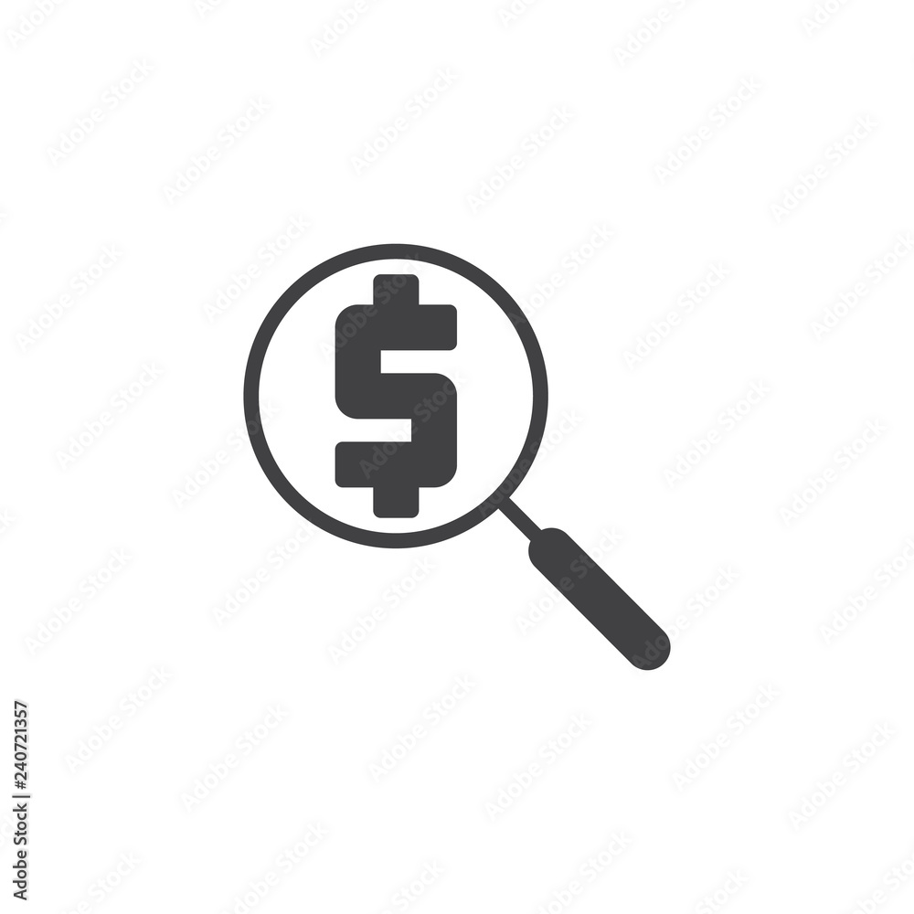 Money search vector icon. filled flat sign for mobile concept and web design. Dollar magnifying glass simple solid icon. Symbol, logo illustration. Pixel perfect vector graphics Money search vector icon. filled flat sign for mobile concept and web design. Dollar magnifying glass simple solid icon. Symbol, logo illustration. Pixel perfect vector graphics