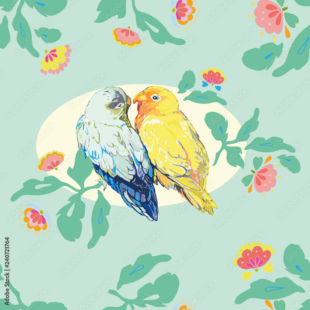 Aqua blue pattern with yellow parrot and love bird. Folk art florals. Surface pattern design. Elegant invitation.
