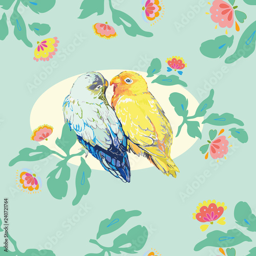 Aqua blue pattern with yellow parrot and love bird. Folk art florals. Surface pattern design. Elegant invitation.