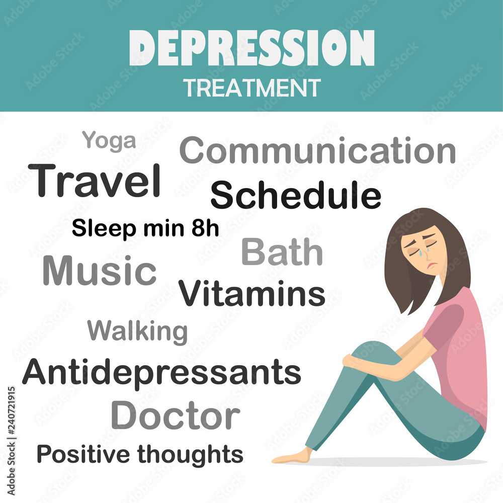 Depression treatment. Flat cartoon illustration poster about mental ...