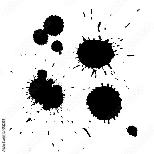 Set of black ink paint spots isolated on white background. Hand drawn ink blots, stains for backdrops, drops texture. Grunge artistic design elements, text boxes - vector illustration
