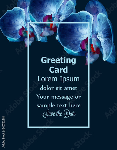 Blue orchids watercolor Vector card. Invitation postcard. Wedding ceremony. D...