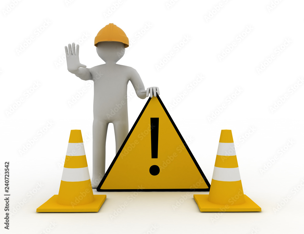 3d worker with traffic coins and warning sign 3d worker with traffic coins and warning sign