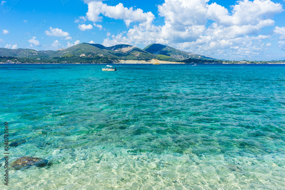 Greece, Zakynthos, Perfect azure clear paradise like ocean water green mountains