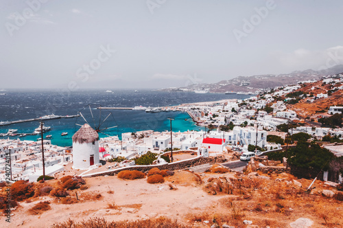 Whitewashed architecture and beautiful Aegean waters in Mykonos Island