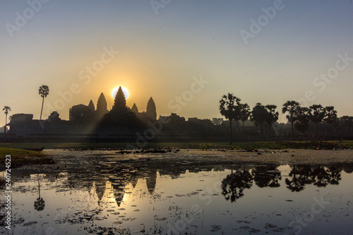 Sunrise view of ancient temple complex Angkor Wat and lake reflection  Siem Reap  Cambodia.
