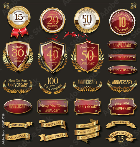 Collection of elegant red and gold anniversary badges and labels design elements