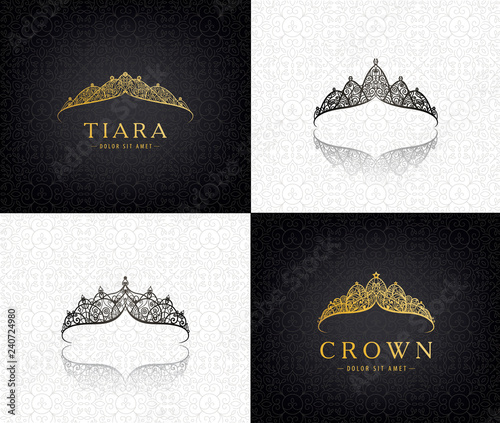 Vector set of lace luxury crown logos. Queen, faminine, jewelry tiara icons.