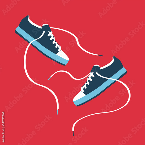Shoes flat icon with bright colorful running sneakers. Vector illustration isolated on red background.