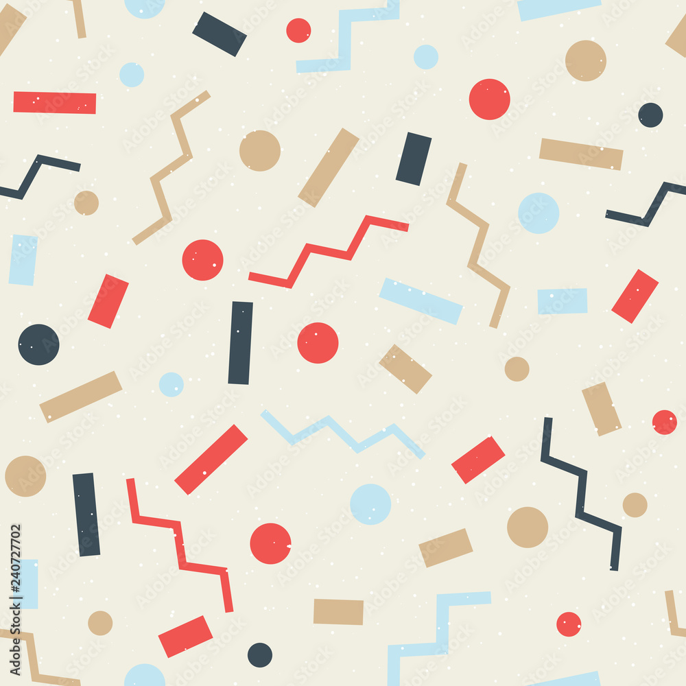 Bright, motley, fun seamless pattern. Festive background. Simple geometric shapes. Rectangles, circles, zigzags. Bright, motley, fun seamless pattern. Festive background. Simple geometric shapes. Rectangles, circles, zigzags.