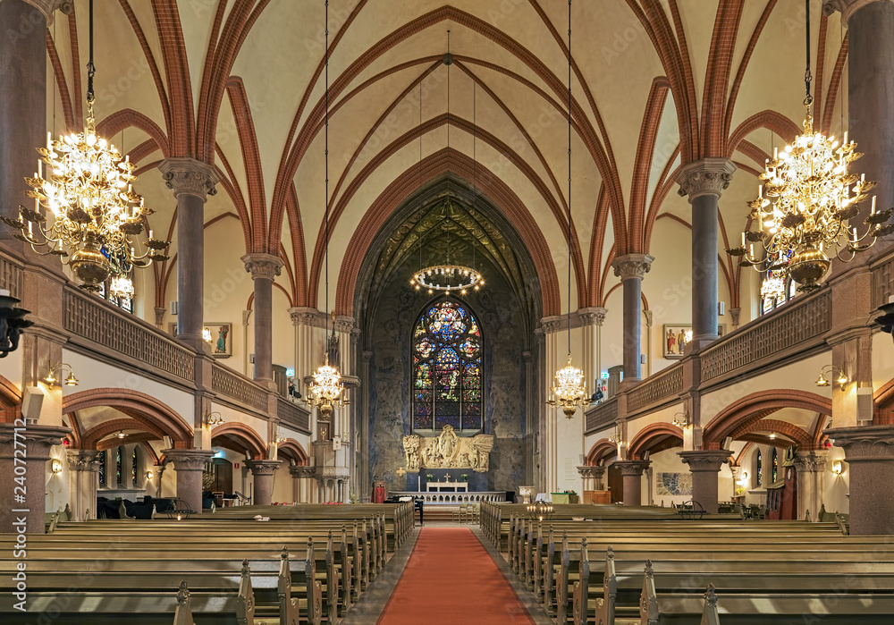 Interior of Oscar's Church (Oscarskyrkan) in Stockholm, Sweden. The church is named after the king Oscar II of Sweden. It was built on 1897-1903 by design of architect Gustaf Hermansson.