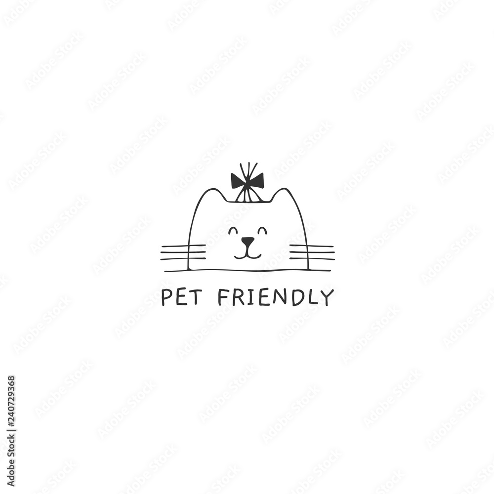 Vector hand drawn pet friendly sign, head of a cat.
