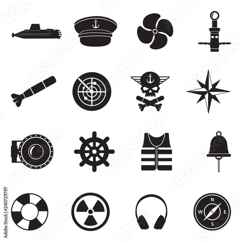 Submarine Icons. Black Flat Design. Vector Illustration. 