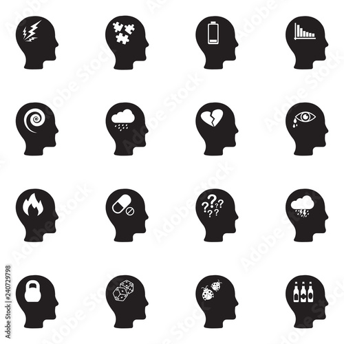 Stress And Depression Icons. Black Flat Design. Vector Illustration.