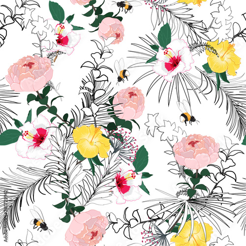 Bright and softy blooming unfinished garden flowers  outline in hand sketch and drawing ,many kind of floral in seamless pattern vector illustration