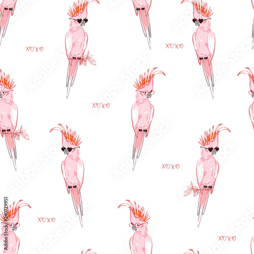 Hand drawing pink parrot ,macaw bird wearing cute and trendy sunglasses in seamless pattern