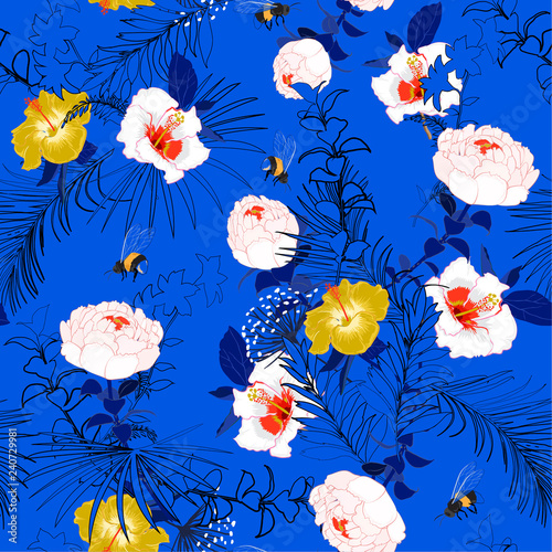Beautiful bright Summer unfinished garden flowers  outline in hand sketch and drawing ,many kind of floral in seamless pattern vector illustration