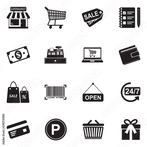 Supermarket Icons. Black Flat Design. Vector Illustration.