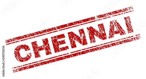CHENNAI seal watermark with grunge texture. Red vector rubber print of CHENNAI text with unclean texture. Text title is placed between double parallel lines.