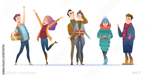 Young people with gifts. Holiday character design in modern flat cartoon style