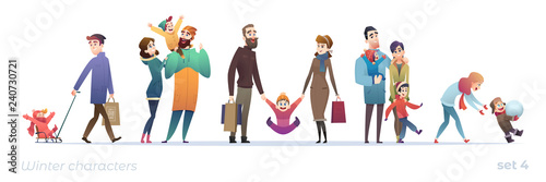 Happy people with children. Set of cartoon characters in flat design. Winter shopping and holidays. Christmas funny families