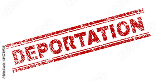 DEPORTATION seal stamp with corroded texture. Red vector rubber print of DEPORTATION tag with dust texture. Text tag is placed between double parallel lines.