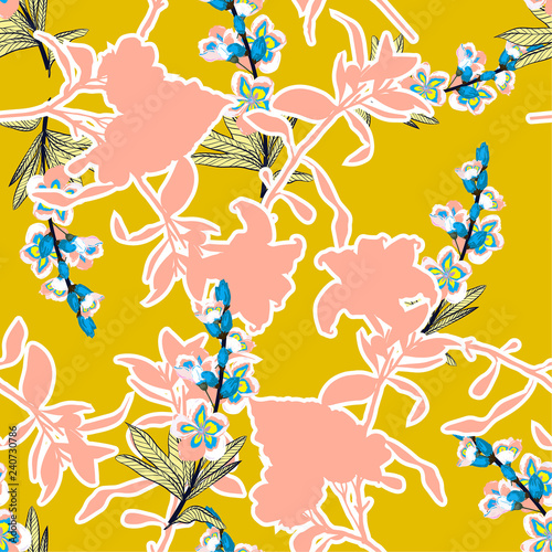 Sumemr bright Silhouette flowers and botanical on hand drawing in shape of floral seamless pattern vector for fashion fabric