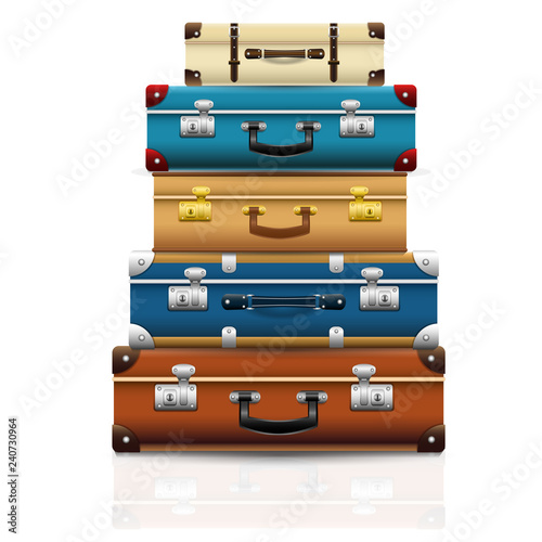 Set of closed old retro vintage suitcases. Set of 3d travel bag