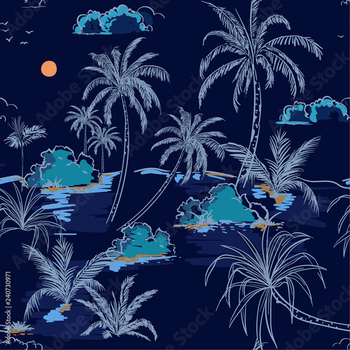 Trendy Island and palm trees hand drawing sketch line in seamless pattern vectoe for fashion fabric and all prints