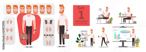 Business Man creation stylized character set or DIY kit for animation. Collection of flat cartoon character body parts, face expressions, trendy hipster clothes. Front side, 3/4 view. Isolated  vector