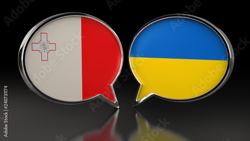 Malta and Ukraine flags with Speech Bubbles. 3D illustration