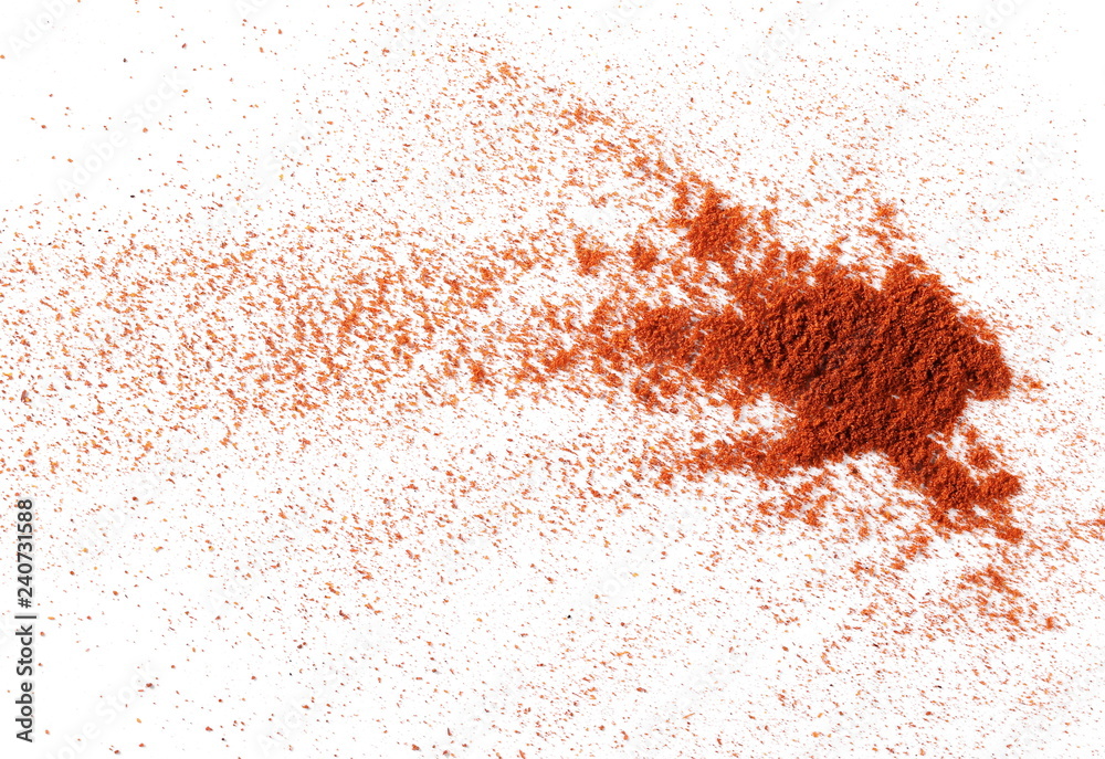 Pile of red paprika powder isolated on white background, top view