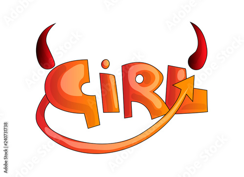 Cartoon word Girl with devil horns and tail in red and orange color. Hell devil girl concept, cute cartoon style about bad girl, evil girls. Cartoon heck girl word with horn and red tail, isolated on