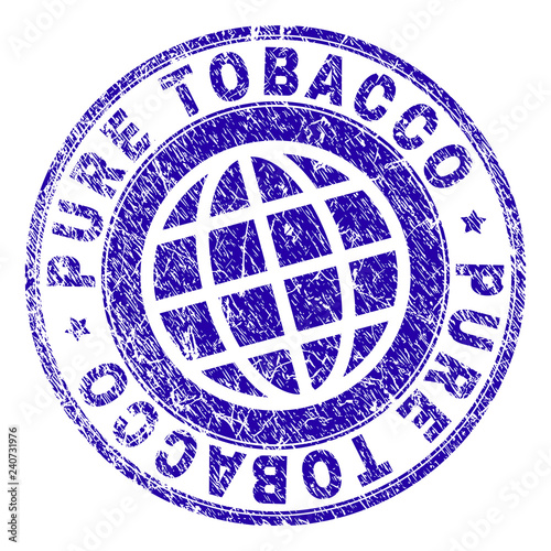 PURE TOBACCO stamp imprint with grunge texture. Blue vector rubber seal imprint of PURE TOBACCO caption with grunge texture. Seal has words placed by circle and planet symbol.